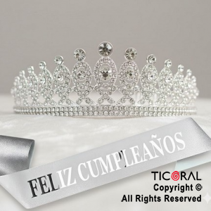 SET VINCHA Y BANDA FELIZ CUMPLEA�OS PIEDRAS Y STRASS PLATA (10548D) X 1